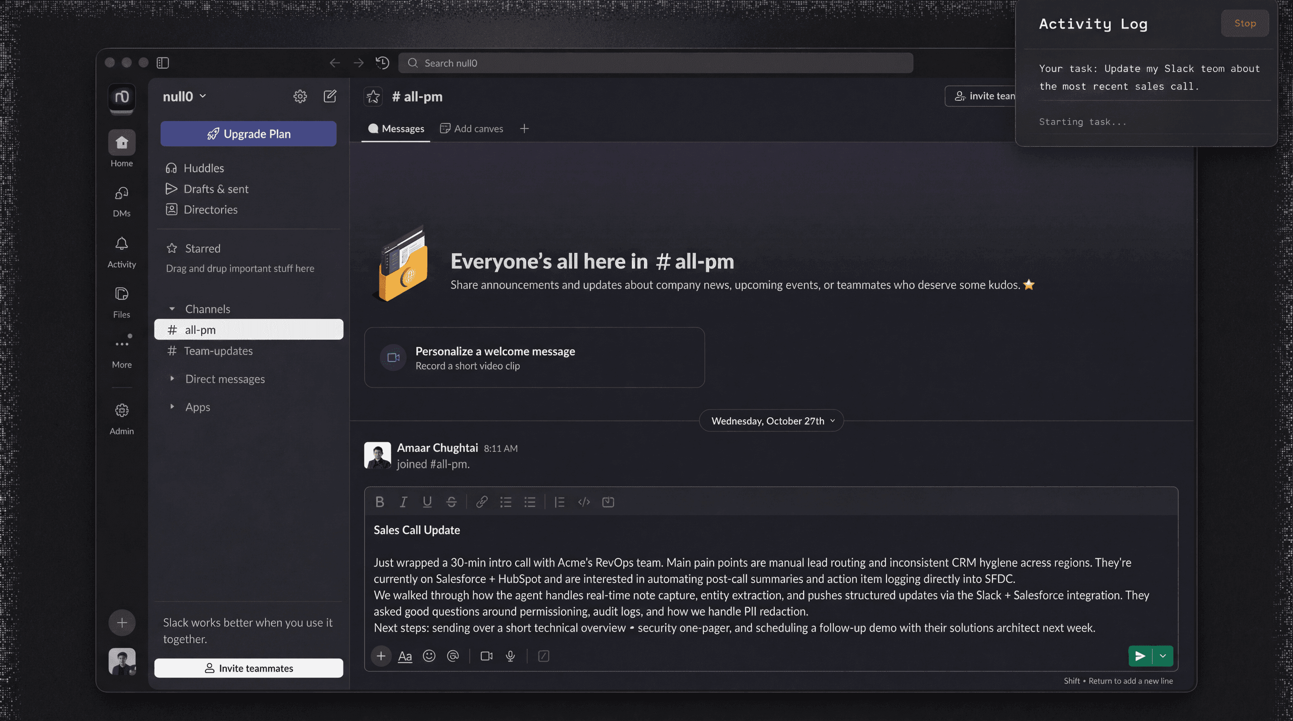 null0 AI command center interface showing desktop automation workflow 4