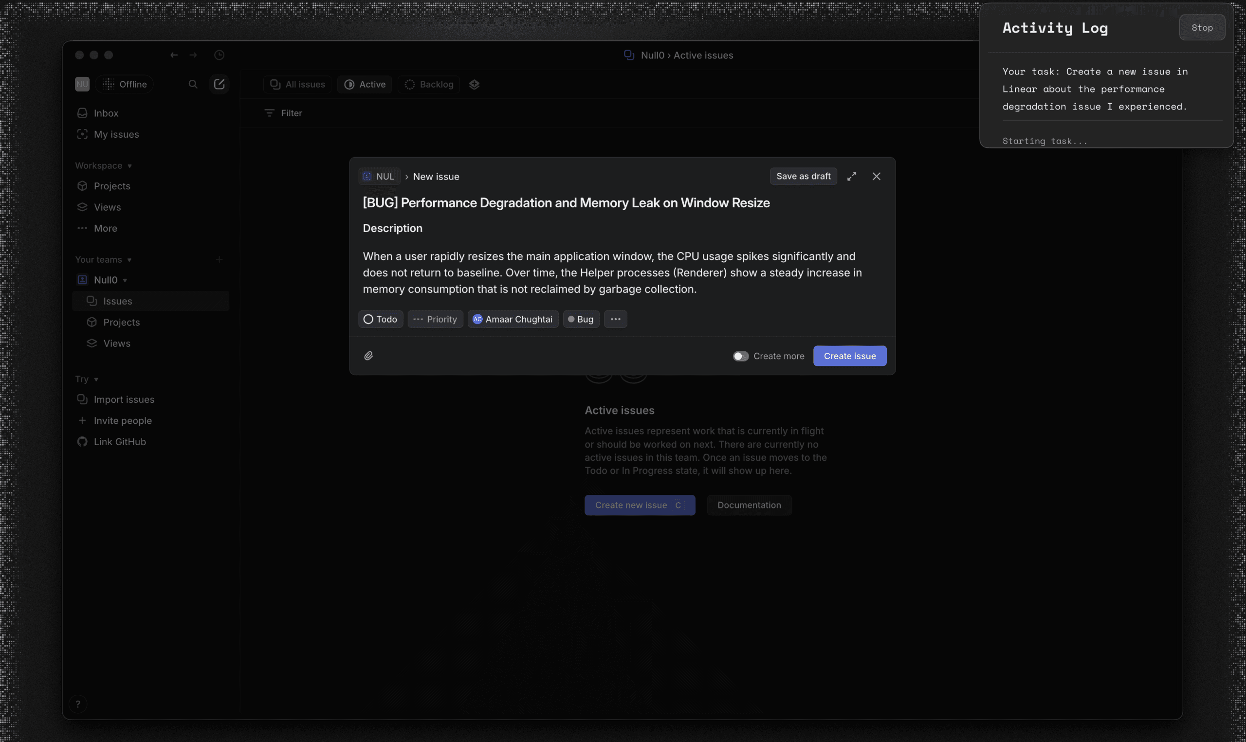 null0 AI command center interface showing desktop automation workflow 8