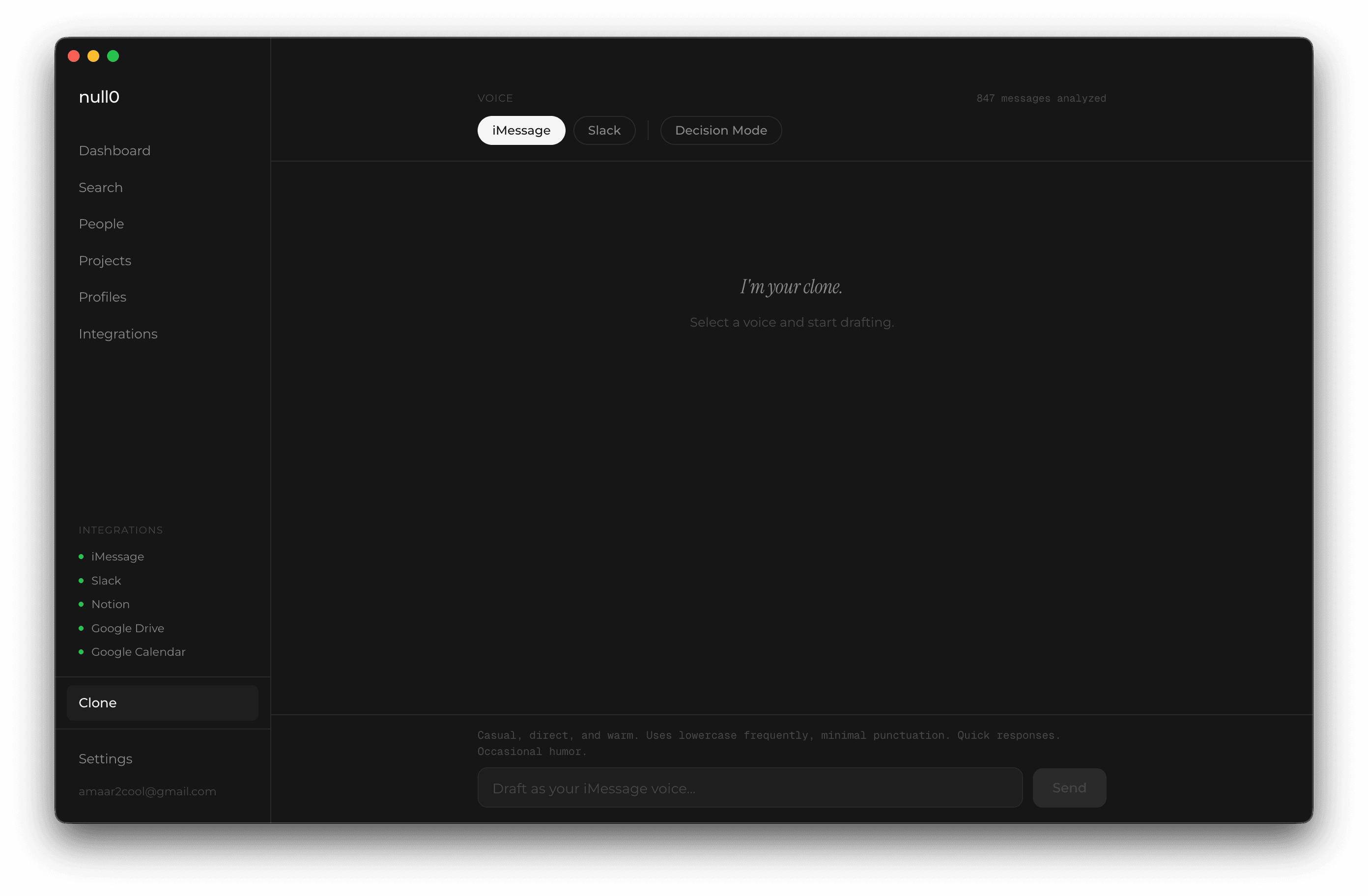 null0 AI writing clone interface showing communication dashboard 5