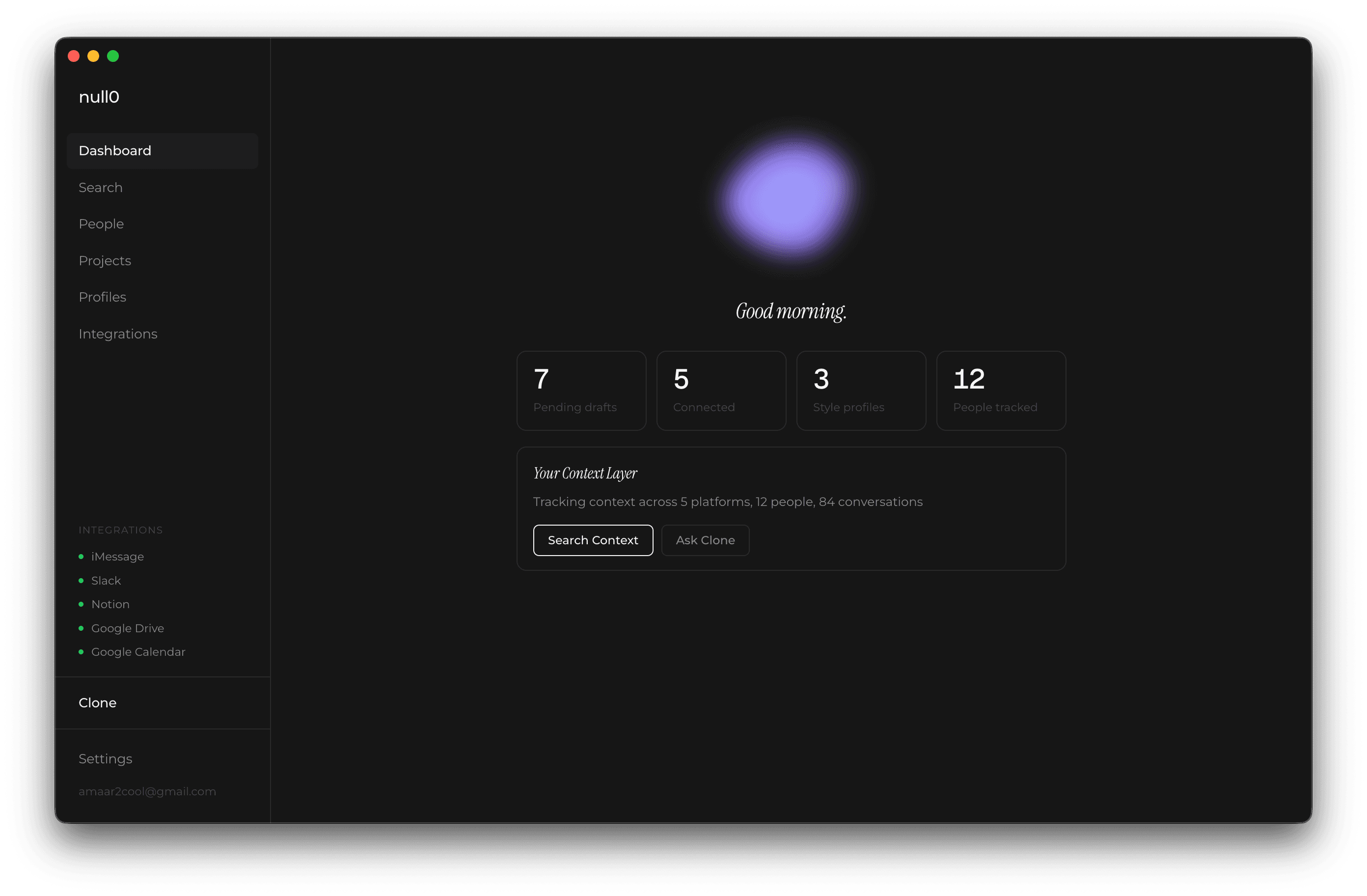 null0 AI writing clone dashboard showing pending drafts, connected platforms, style profiles, and people tracked
