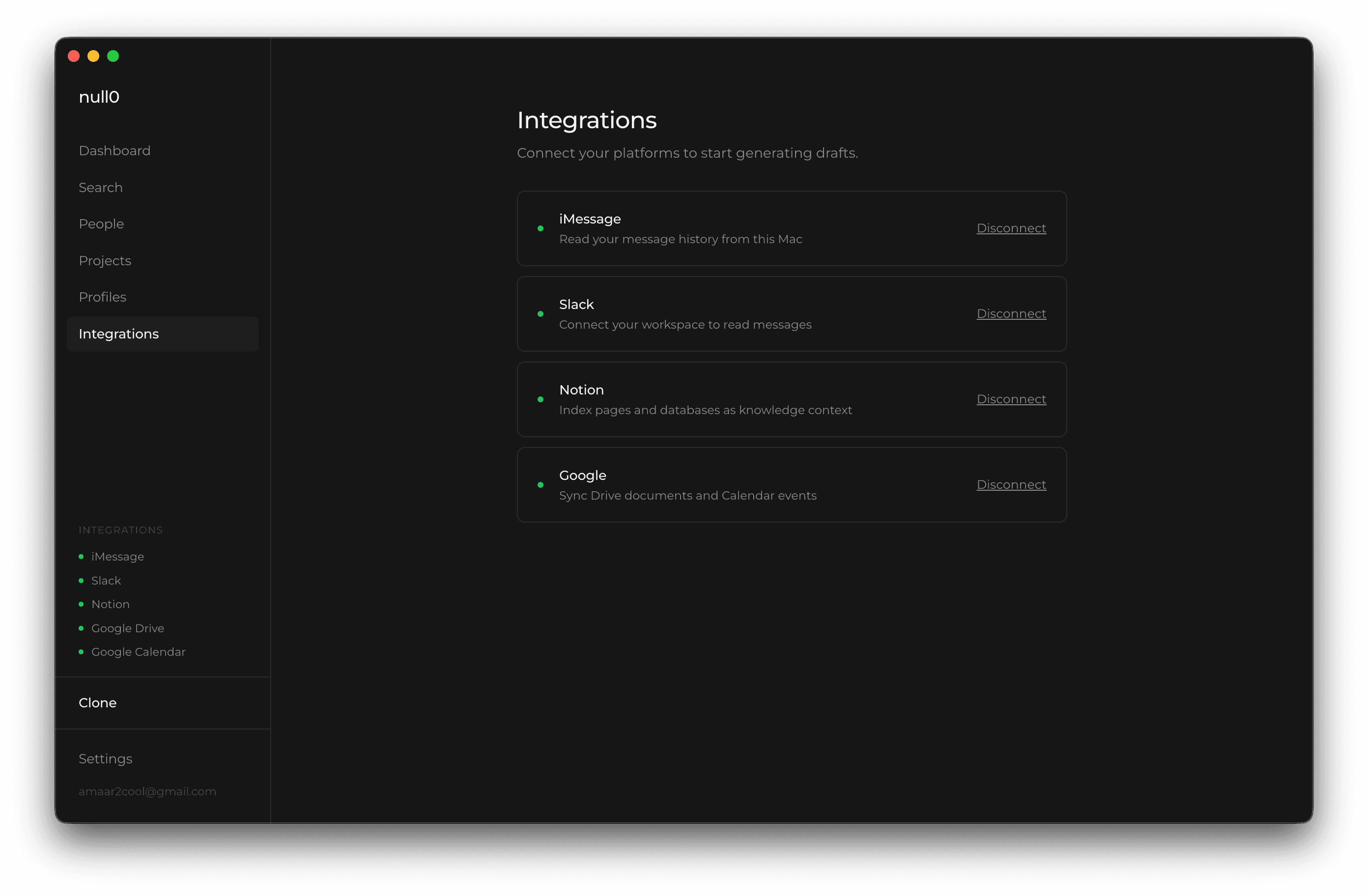 null0 AI writing clone interface showing communication dashboard 4