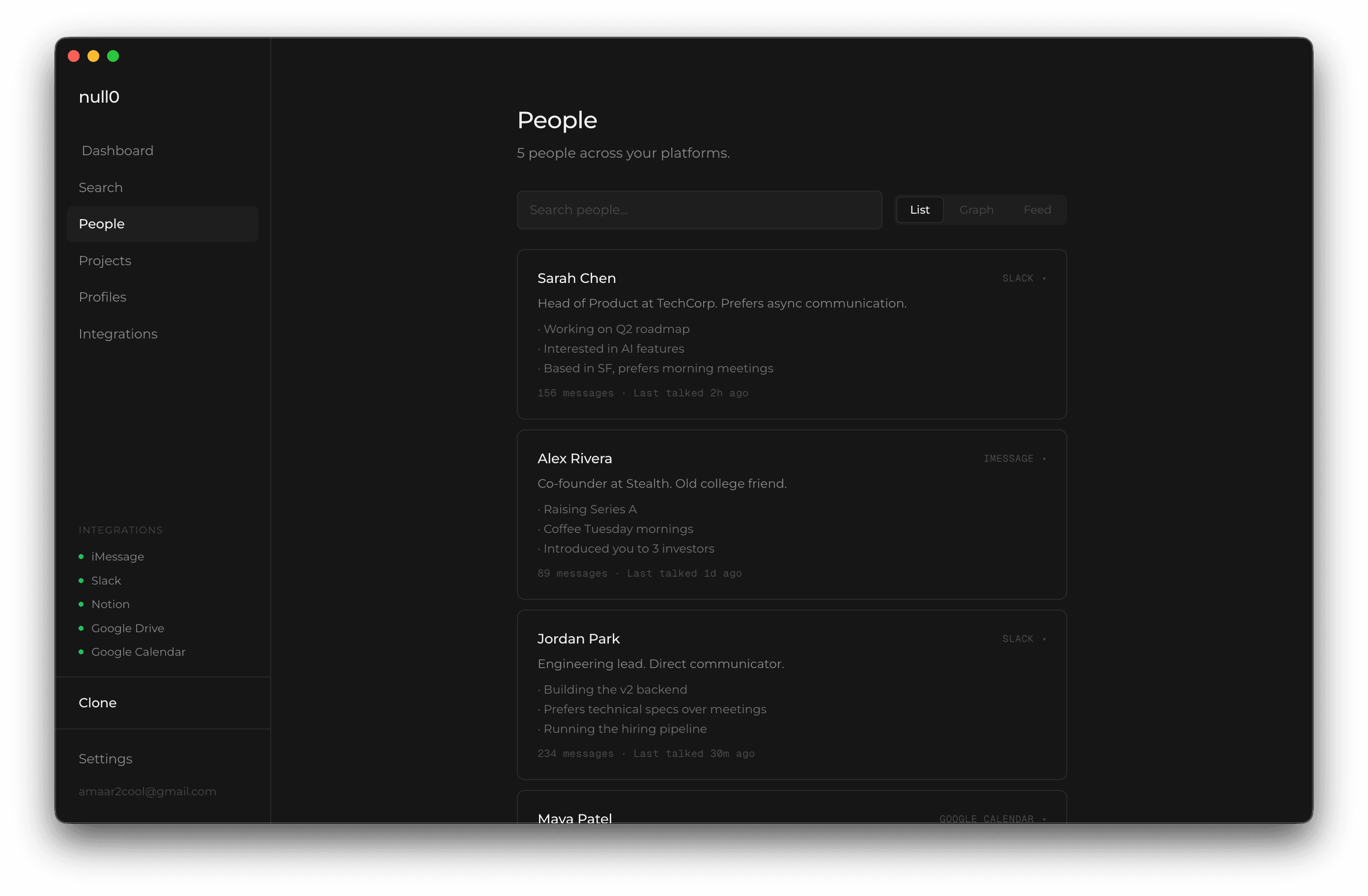 null0 AI writing clone interface showing communication dashboard 2