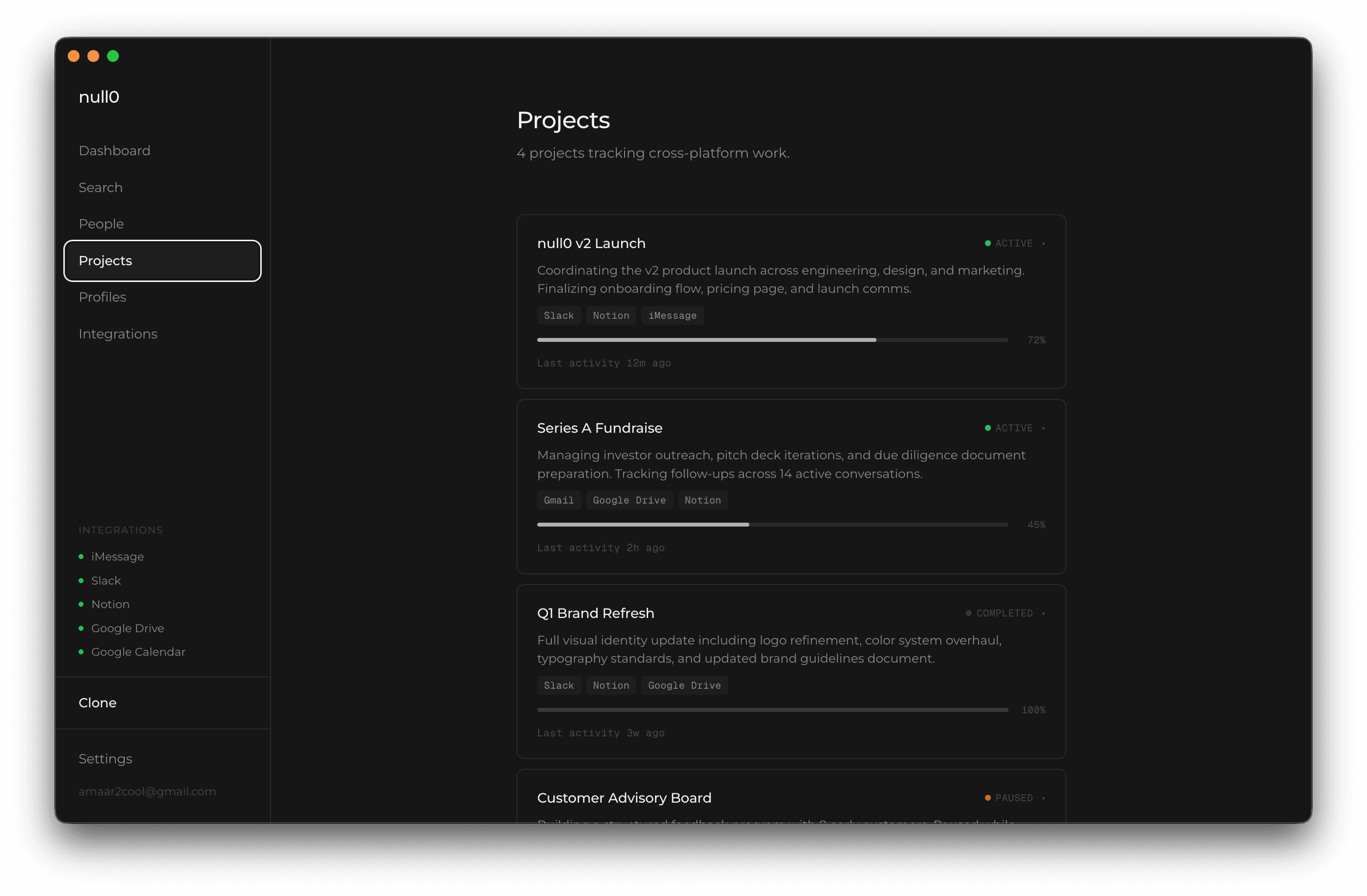 null0 AI writing clone interface showing communication dashboard 3